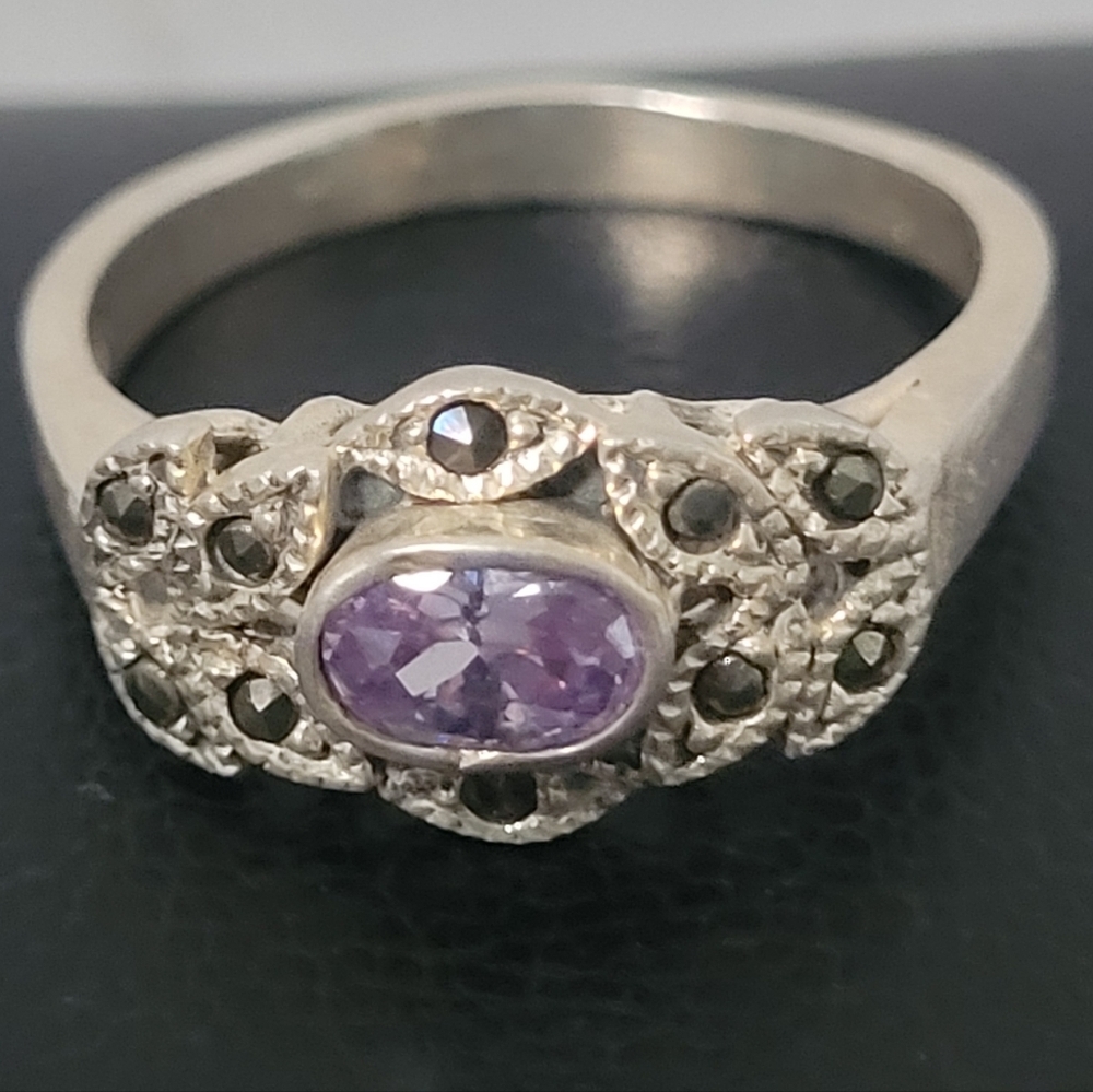 Sterling Silver and Amethyst with Marcasite Ring Size 9